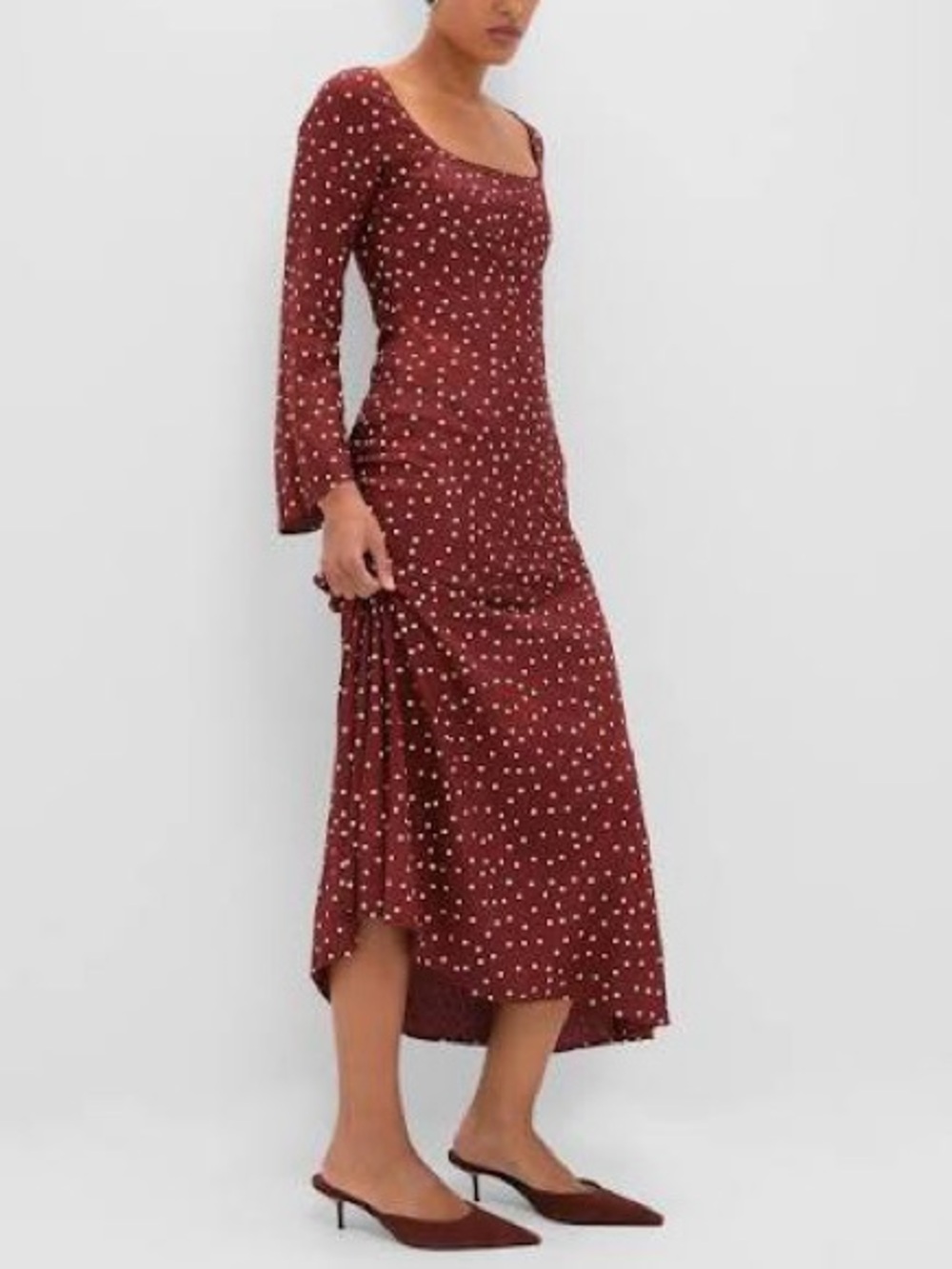 Women's Long Sleeve Polka Dot Midi Dress - Burgundy